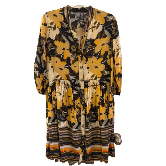 Blank London Dress Sz M Yellow Floral Womens Tunic Button Down Roll Tab Boho - Picture 3 of 14